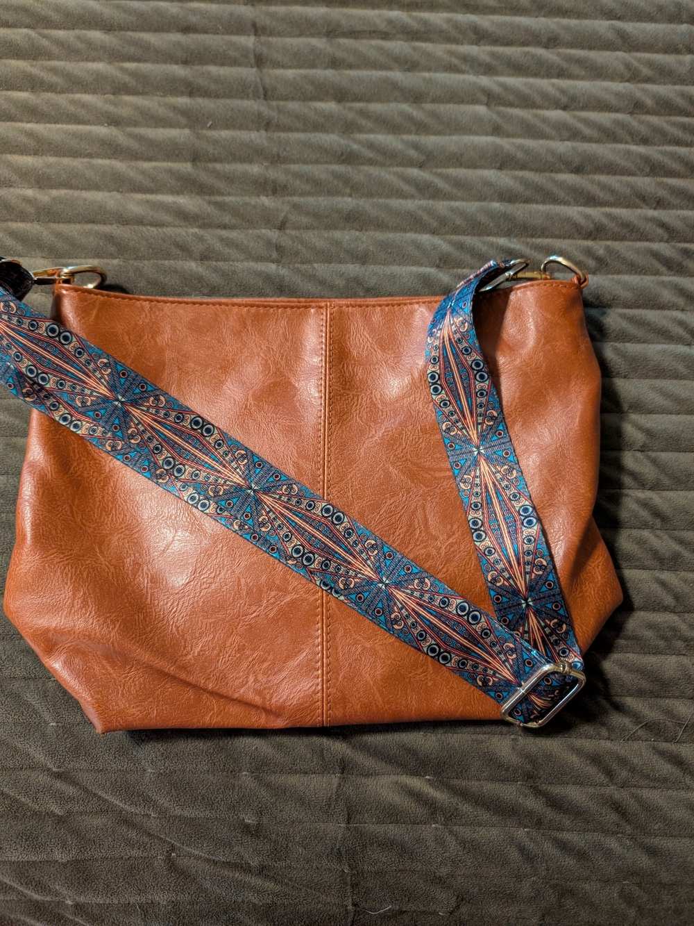 Brown Leather-Style Shoulder Bag with Patterned Strap